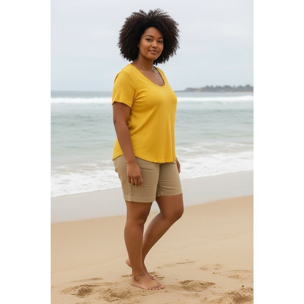 Eddie Bauer Shirt Womens 2XL Yellow Short Sleeve Seaside Rib Scoop Tee Casual